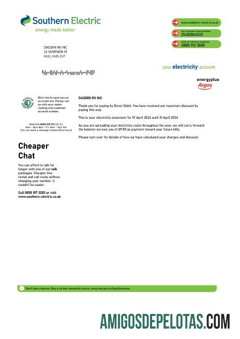 realista Modelo de comprovante de endereço da Southern Electric do Reino Unido em formatos Word e PDF